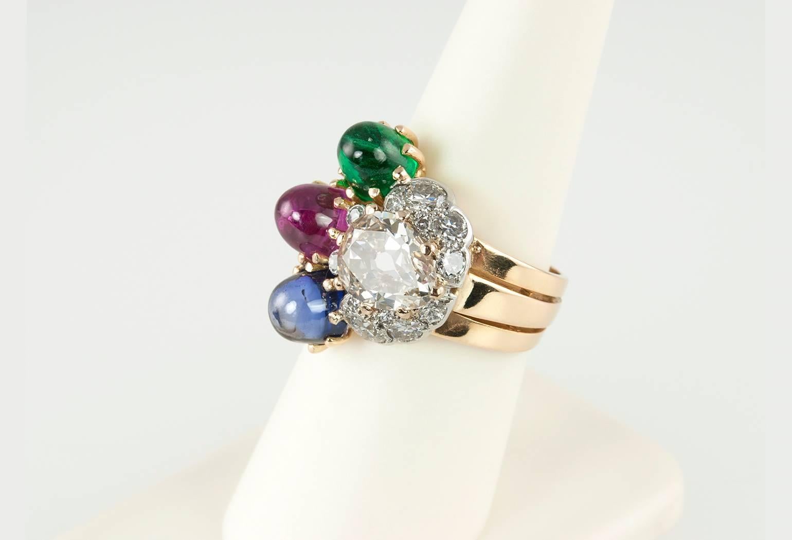 Retro Ruby Emerald Sapphire Diamond Gold Ring  For Sale 2