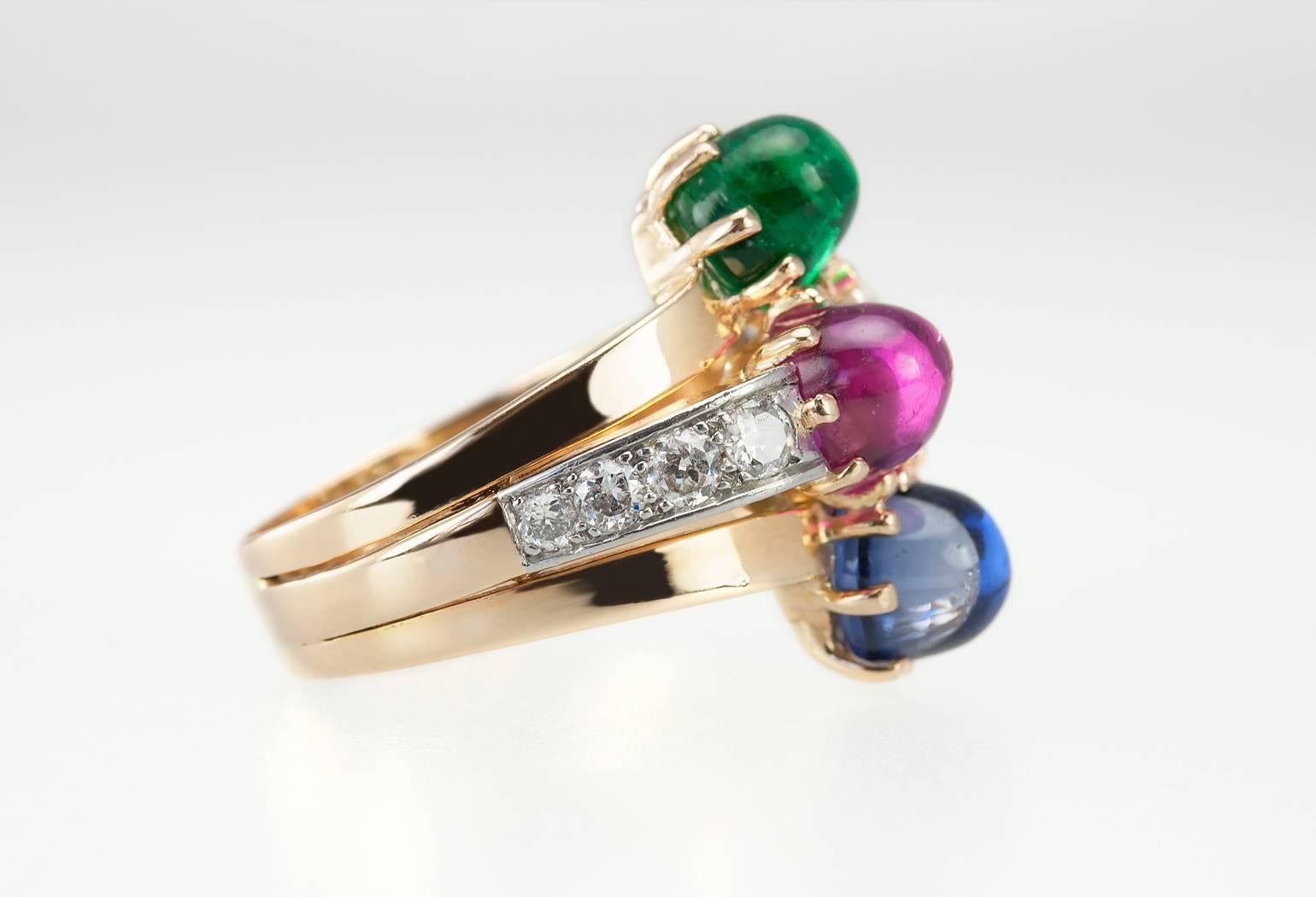 Women's Retro Ruby Emerald Sapphire Diamond Gold Ring  For Sale