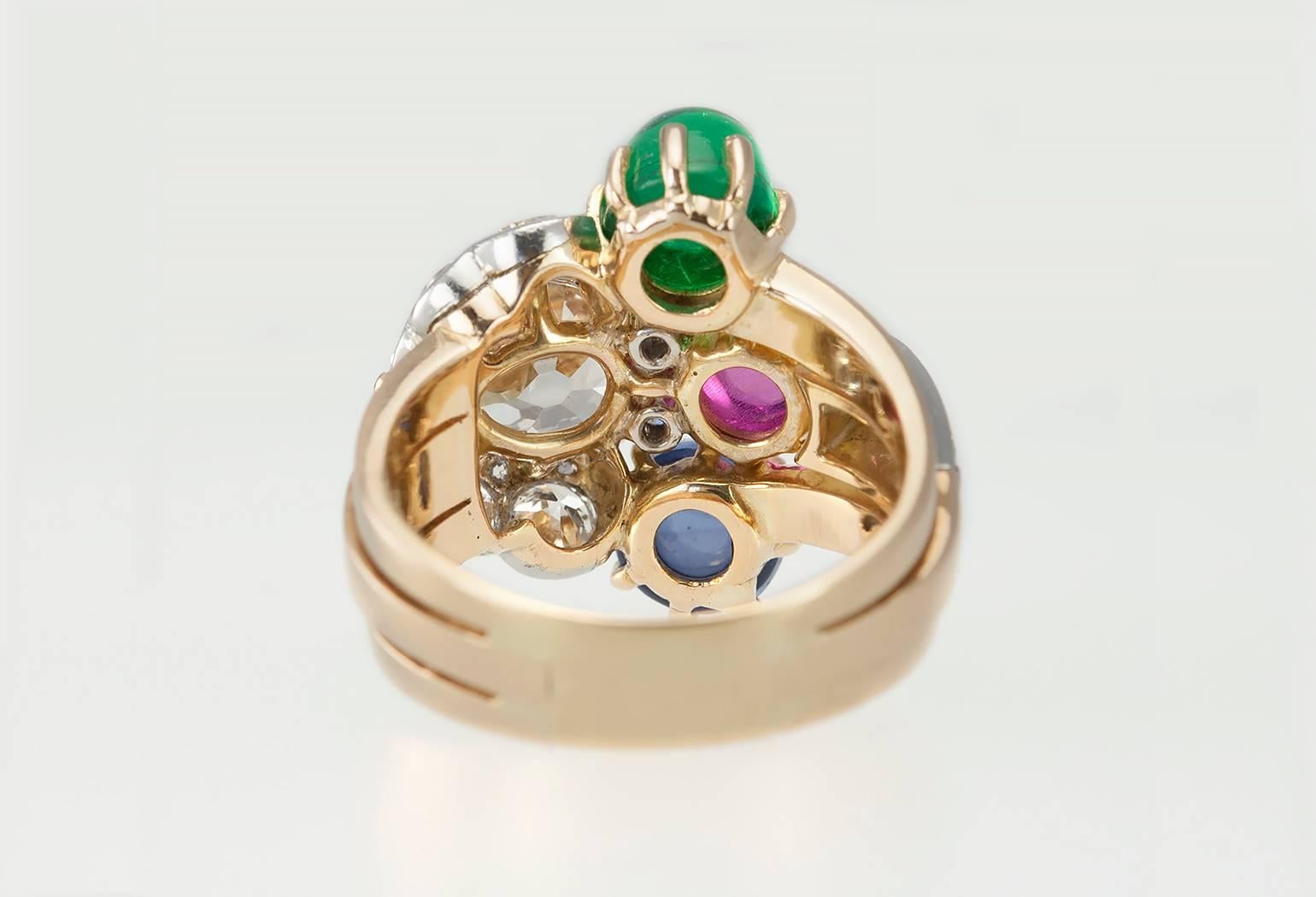 Retro Ruby Emerald Sapphire Diamond Gold Ring  For Sale 4