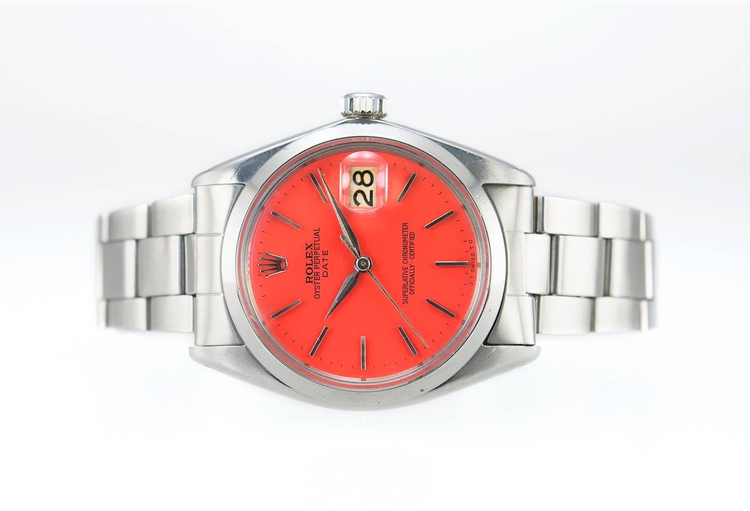 Women's or Men's Rolex Stainless Steel Date Custom Coral Dial Wristwatch Ref 1500
