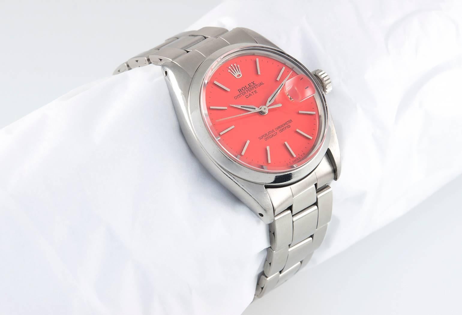 Rolex Stainless Steel Date Custom Coral Dial Wristwatch Ref 1500 In Excellent Condition In Los Angeles, CA
