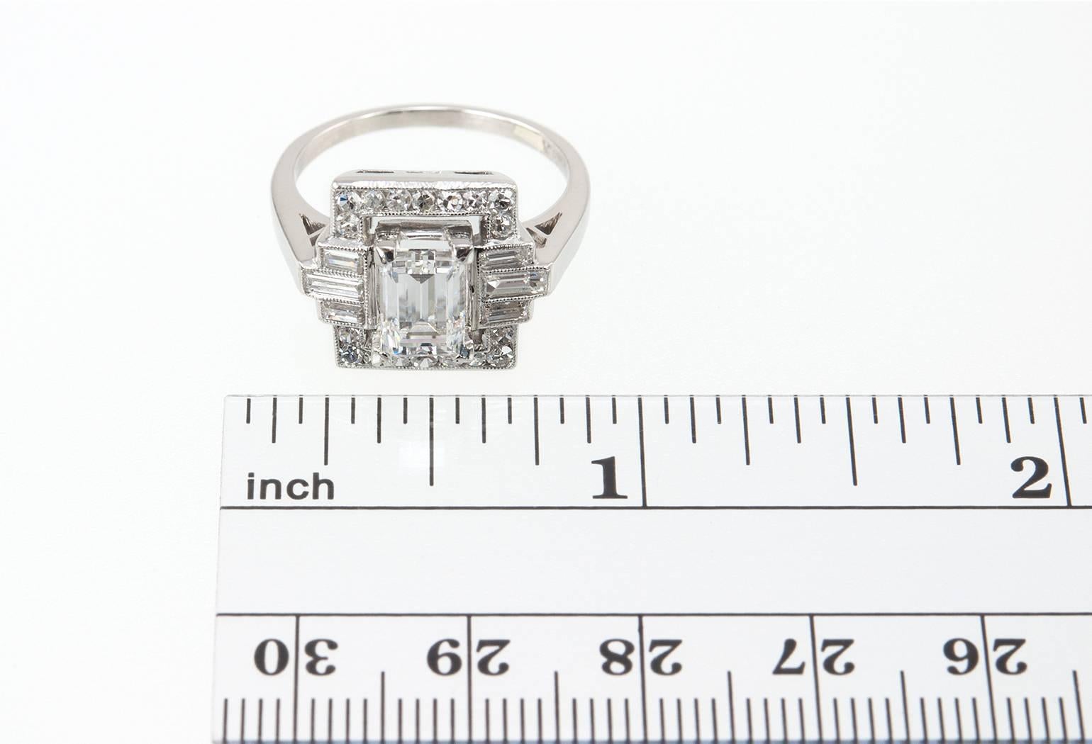 Art Deco 1.37 Carat Emerald Cut Diamond Platinum Ring 6