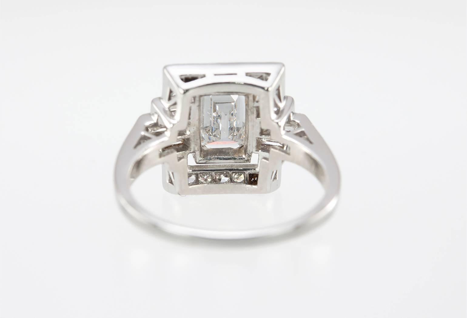Art Deco 1.37 Carat Emerald Cut Diamond Platinum Ring 1