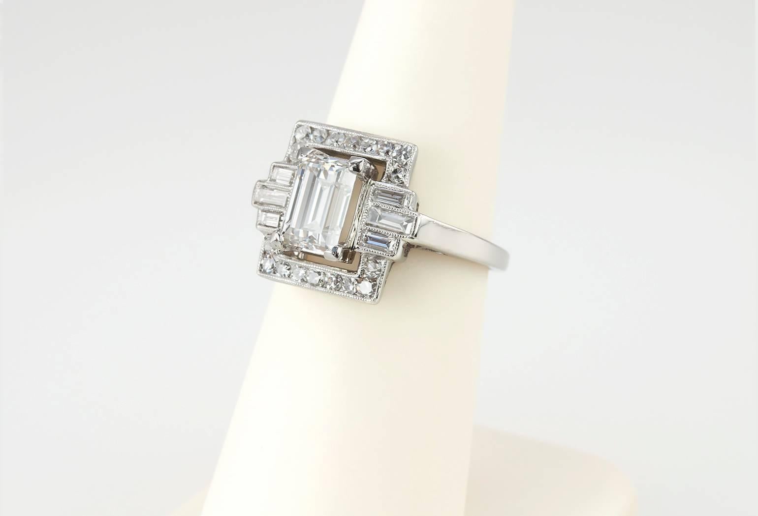Art Deco 1.37 Carat Emerald Cut Diamond Platinum Ring 4
