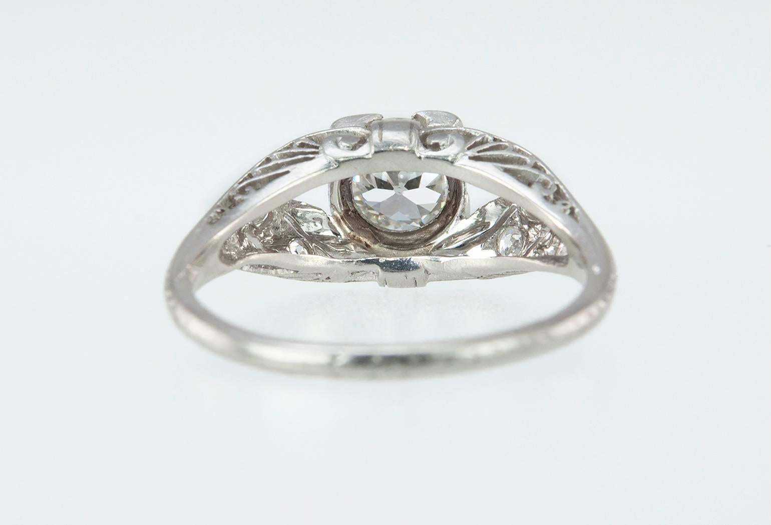Art Deco 0.64 Carat Old European Cut Diamond Platinum Ring For Sale 5