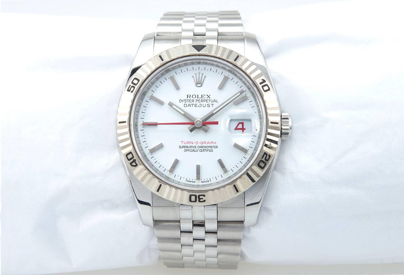 Rolex Stainless Steel DateJust Turn-O-Graph White Gold Bezel In Excellent Condition For Sale In Los Angeles, CA