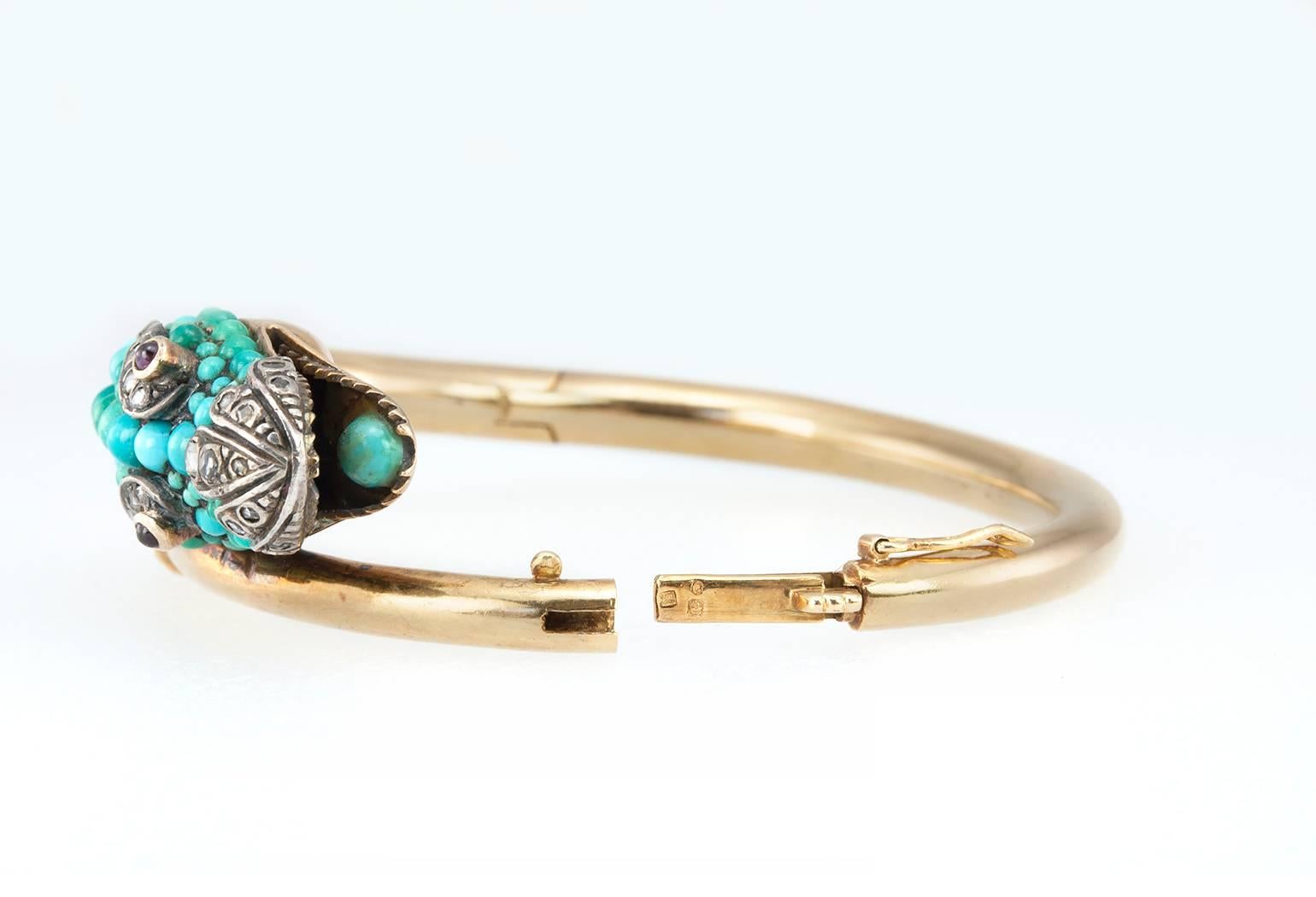 1950s Turquoise Diamond Gold Dragon Bangle Bracelet 3