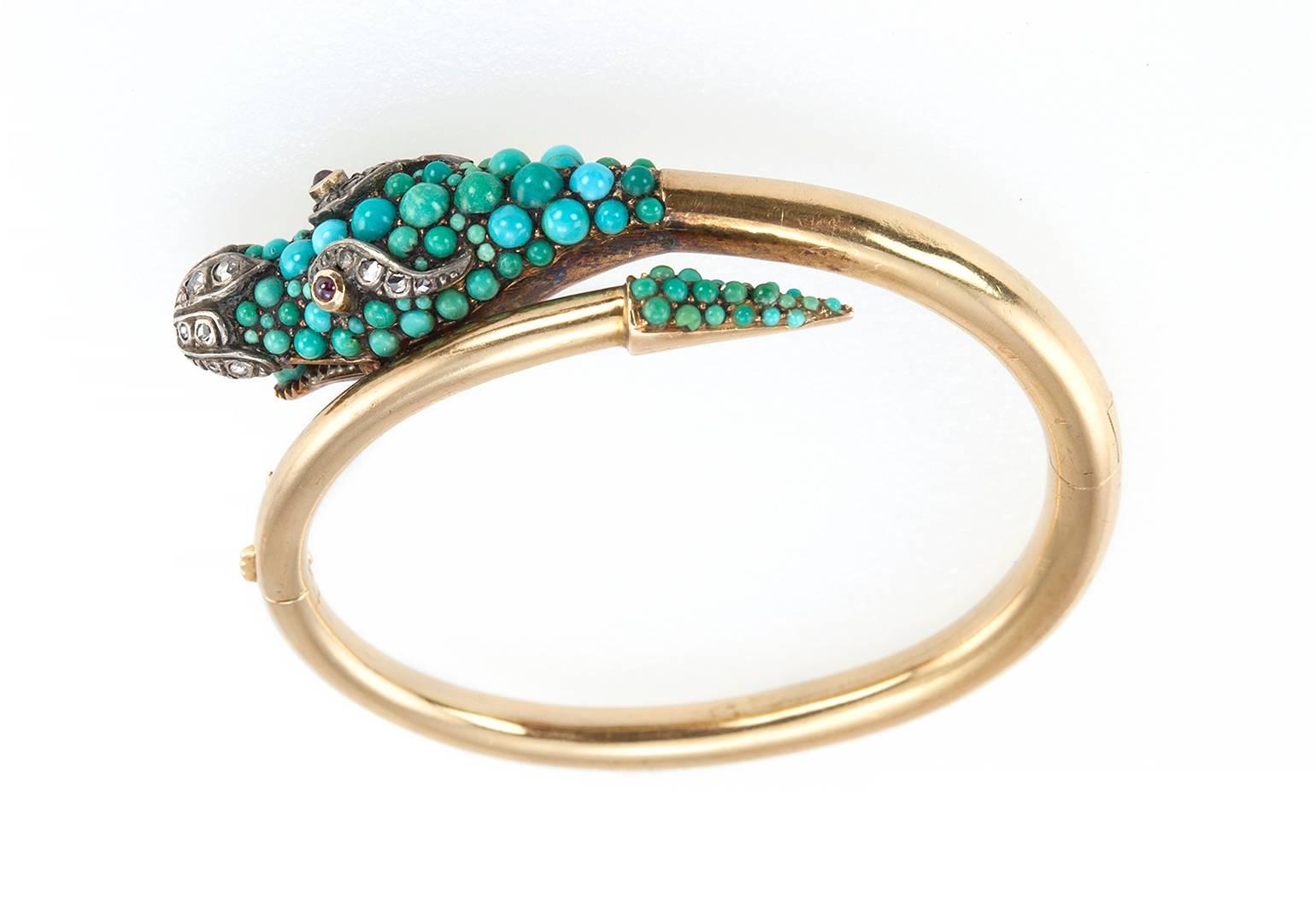 Women's 1950s Turquoise Diamond Gold Dragon Bangle Bracelet