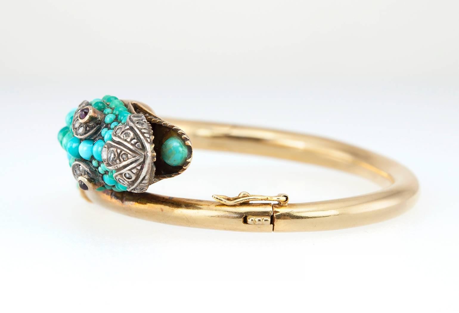 1950s Turquoise Diamond Gold Dragon Bangle Bracelet 2