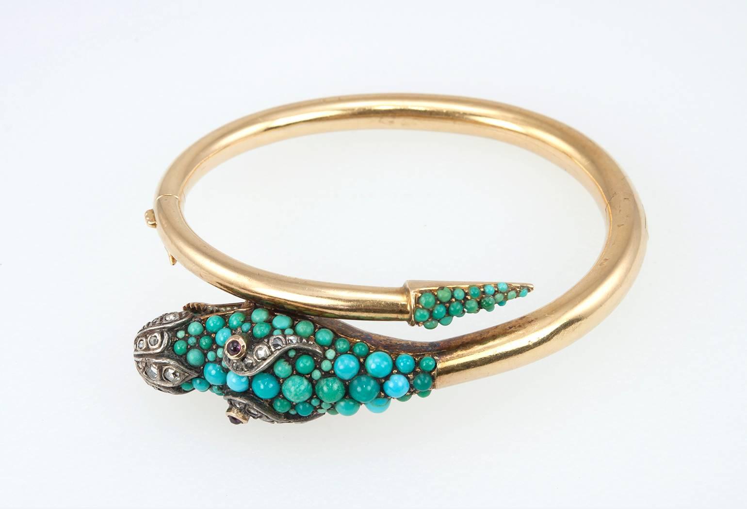 1950s Turquoise Diamond Gold Dragon Bangle Bracelet 1