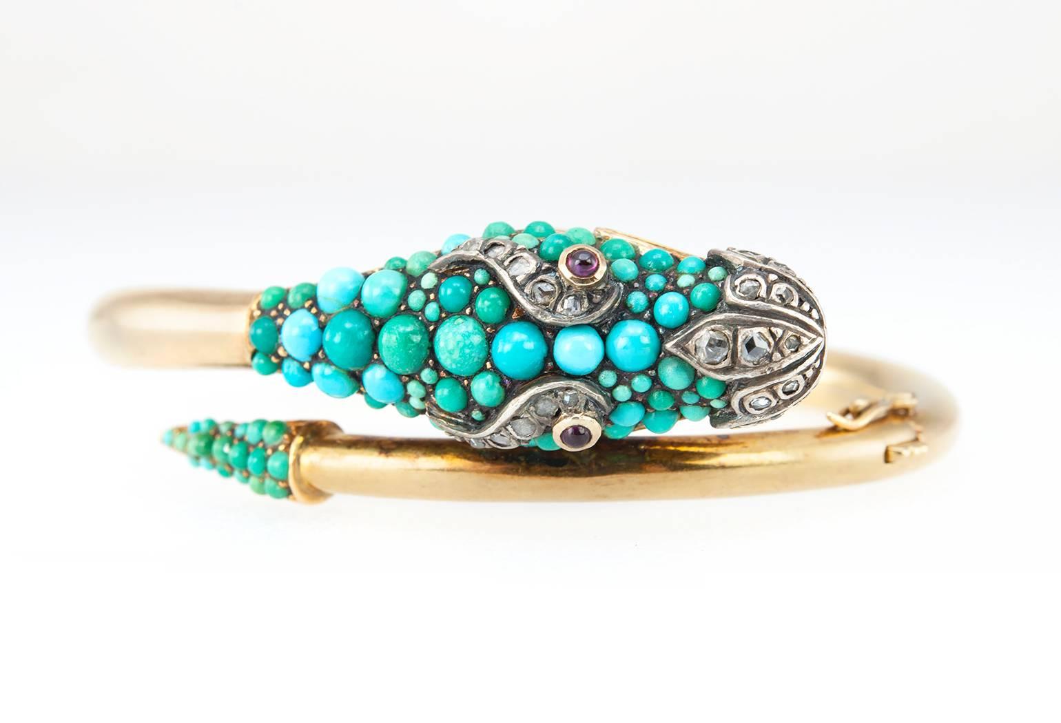 1950s Turquoise Diamond Gold Dragon Bangle Bracelet In Excellent Condition In Los Angeles, CA
