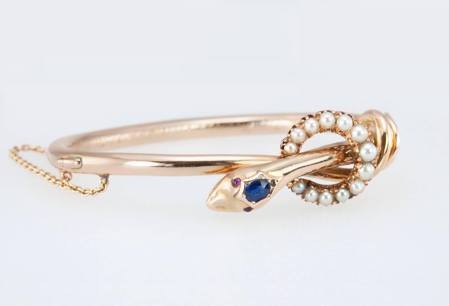 Women's Victorian Pearl Sapphire Gold Snake Bangle Bracelet  For Sale