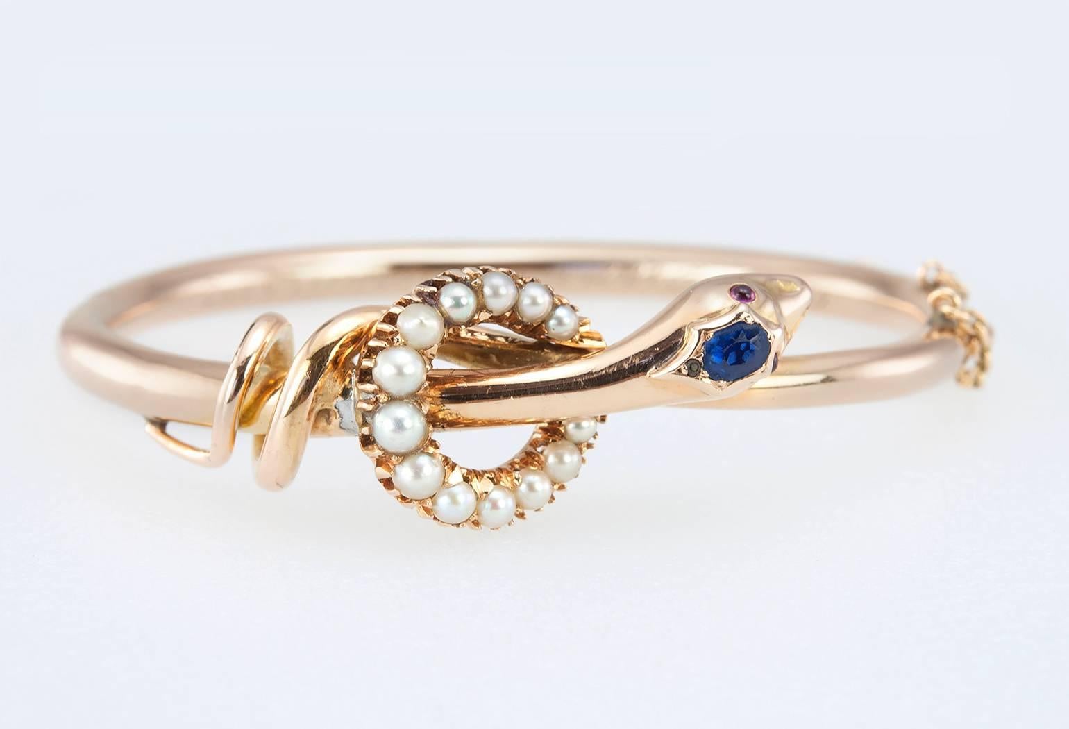 Victorian Pearl Sapphire Gold Snake Bangle Bracelet  In Good Condition For Sale In Los Angeles, CA