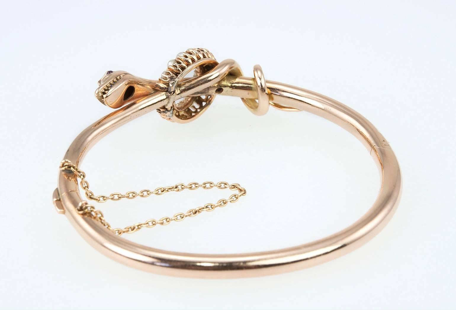 Victorian Pearl Sapphire Gold Snake Bangle Bracelet  For Sale 1