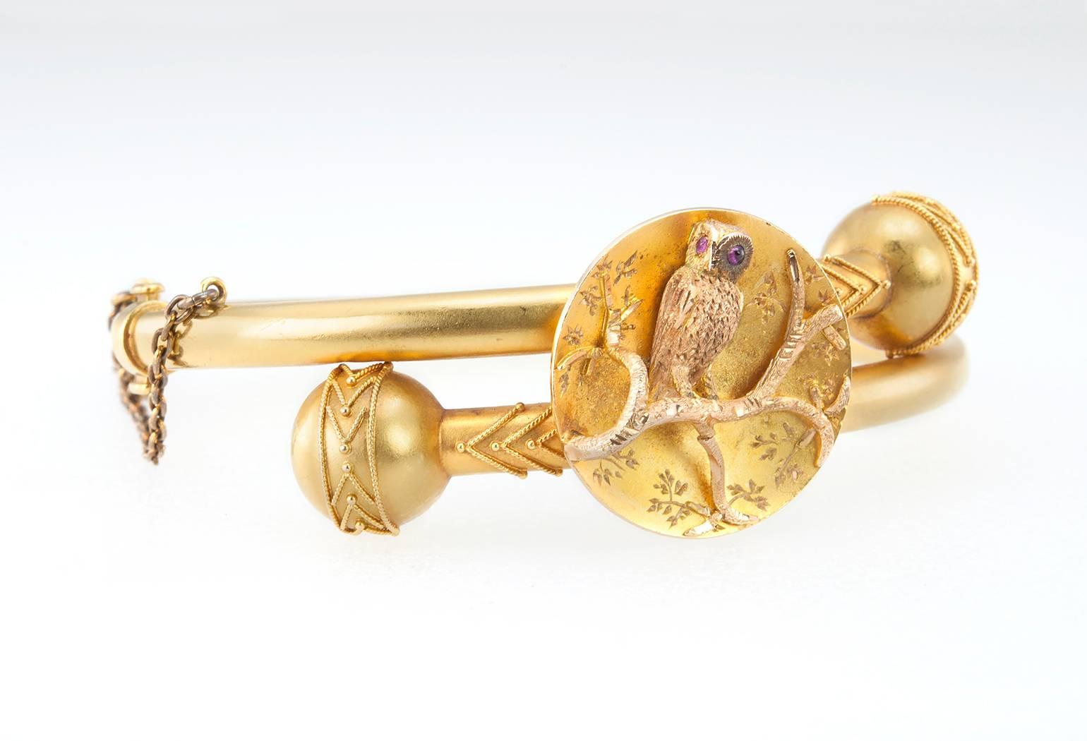 Women's Victorian Gold Owl Bangle Bracelet For Sale