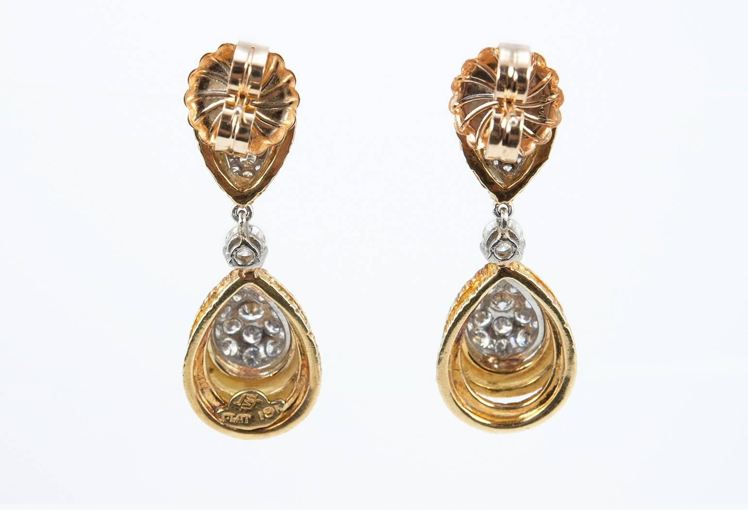 Diamond Gold Platinum Dangle Earrings  For Sale 3