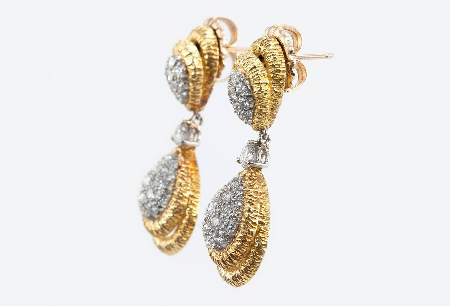 Diamond Gold Platinum Dangle Earrings  For Sale 1