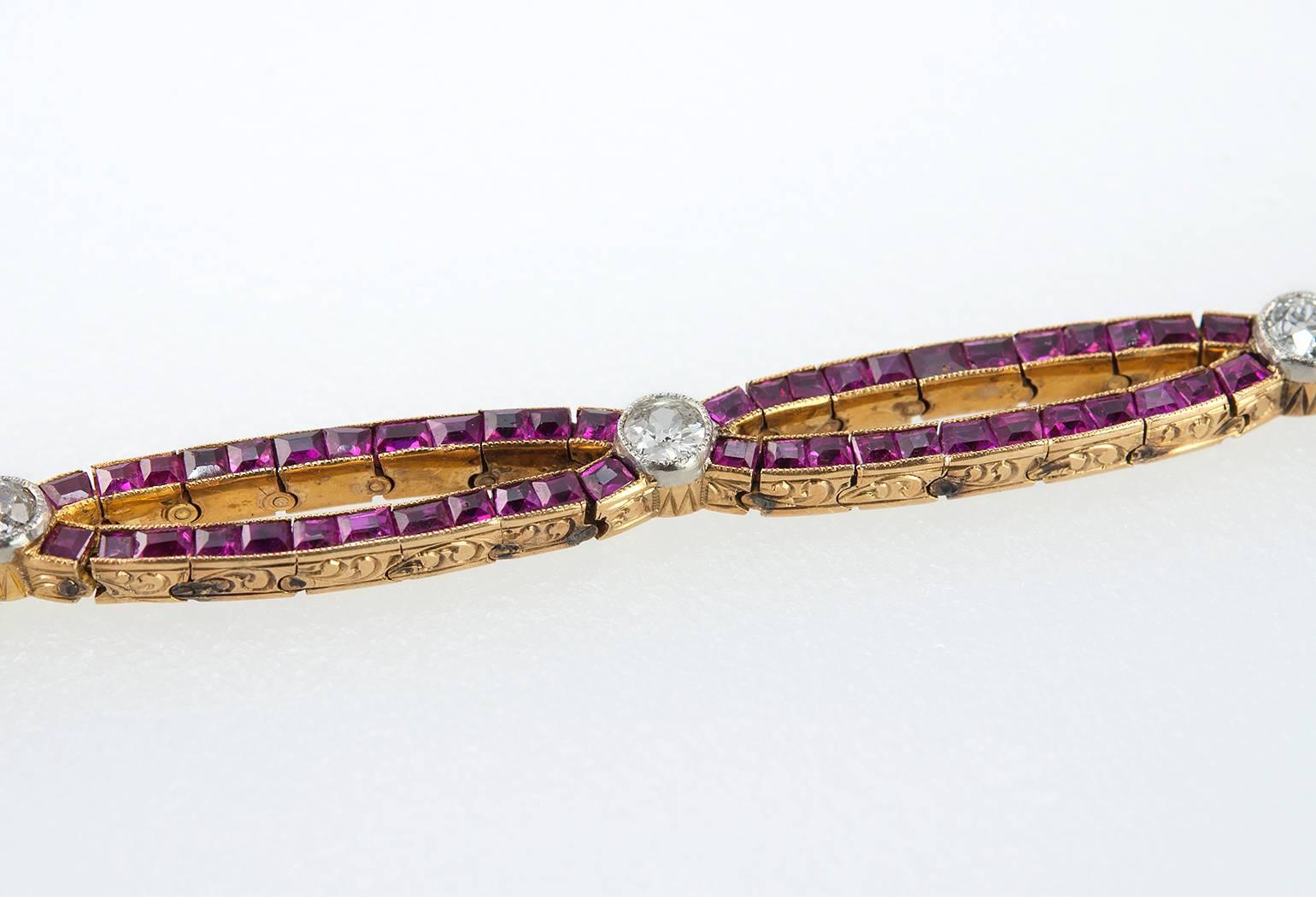 Women's Edwardian Ruby Diamond Gold Platinum Bracelet For Sale