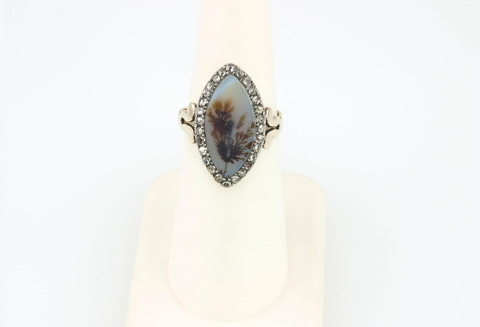 Georgian Moss Agate and Diamond Navette Ring 2