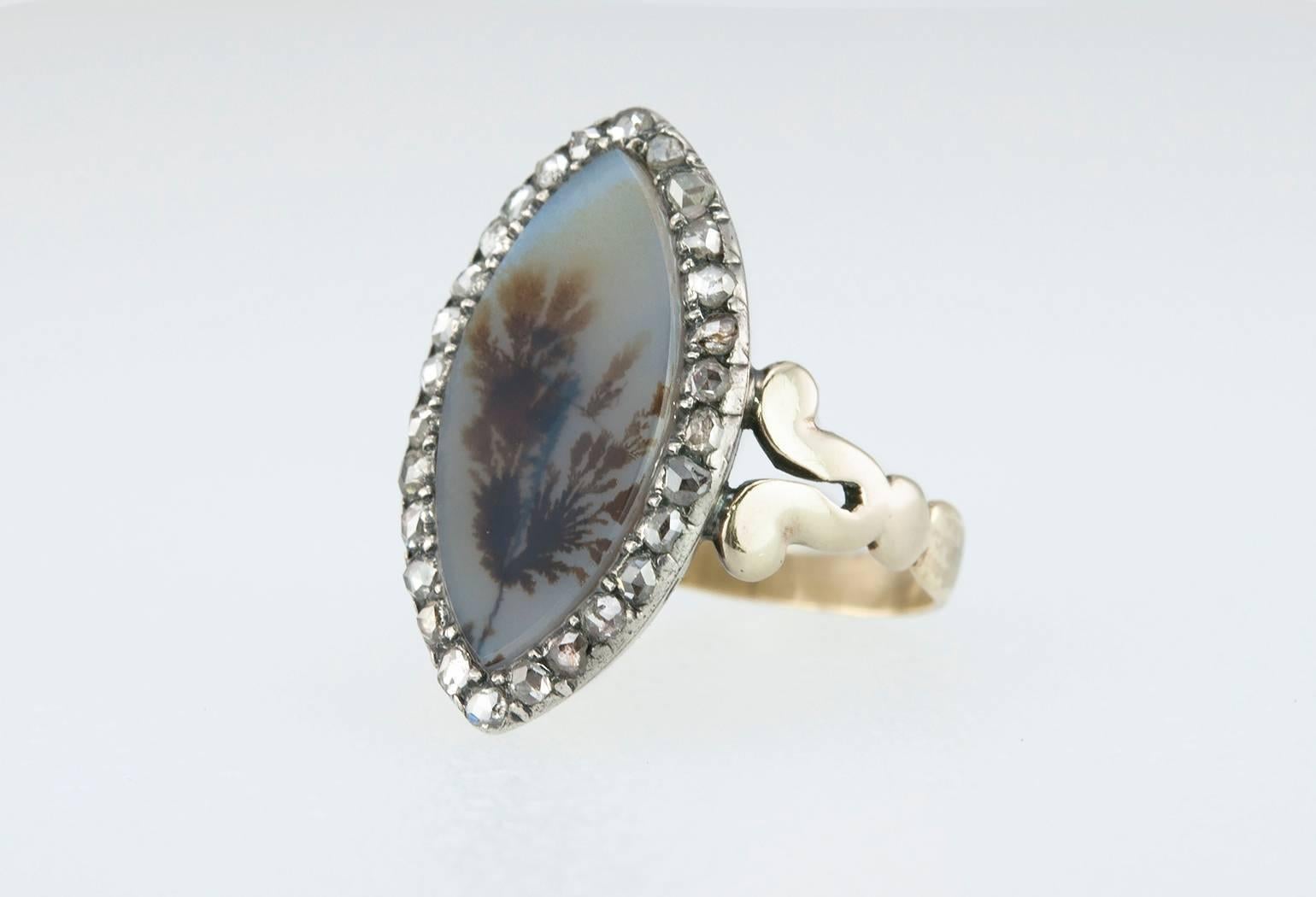 Rose Cut Georgian Moss Agate and Diamond Navette Ring