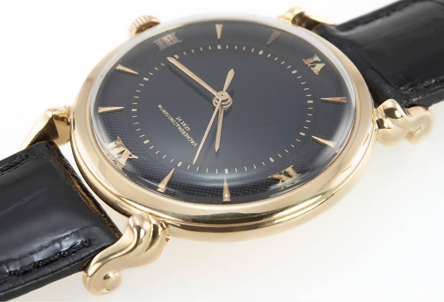 Women's or Men's 1950s Vacheron & Constantin Black Dial Gold Wristwatch For Sale