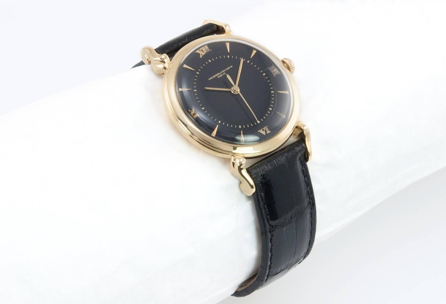 1950s Vacheron & Constantin Black Dial Gold Wristwatch In Excellent Condition For Sale In Los Angeles, CA