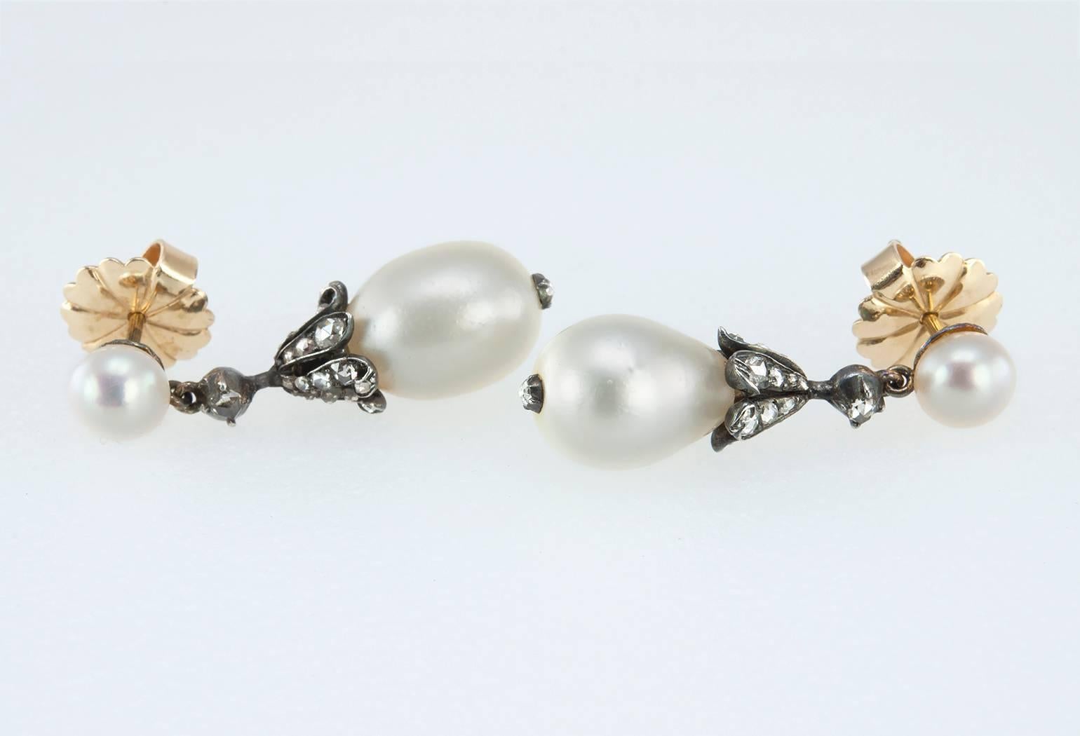 Victorian Natural Pearl and Diamond Dangle Earrings In Excellent Condition For Sale In Los Angeles, CA