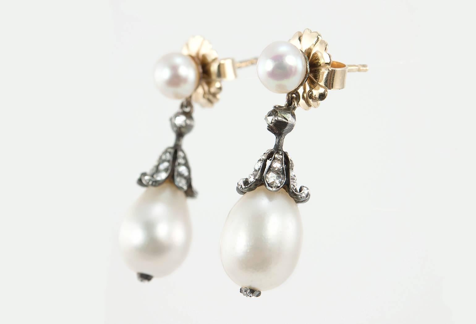 Victorian Natural Pearl and Diamond Dangle Earrings For Sale 2