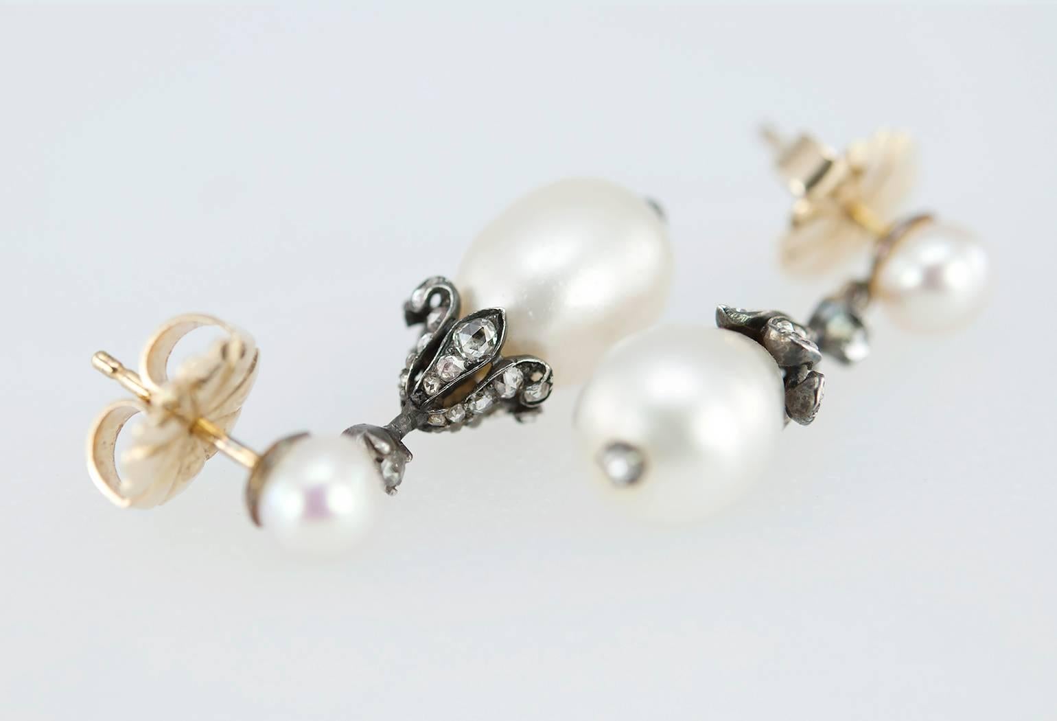 Victorian Natural Pearl and Diamond Dangle Earrings For Sale 1