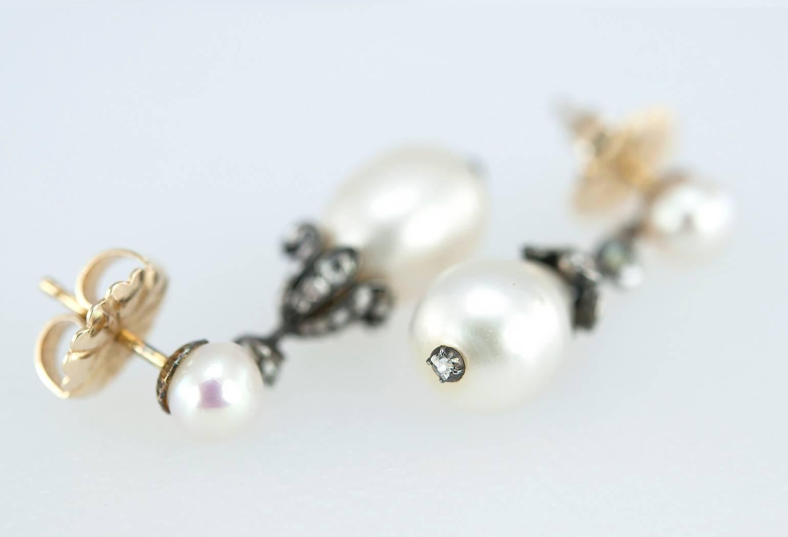 Women's Victorian Natural Pearl and Diamond Dangle Earrings For Sale