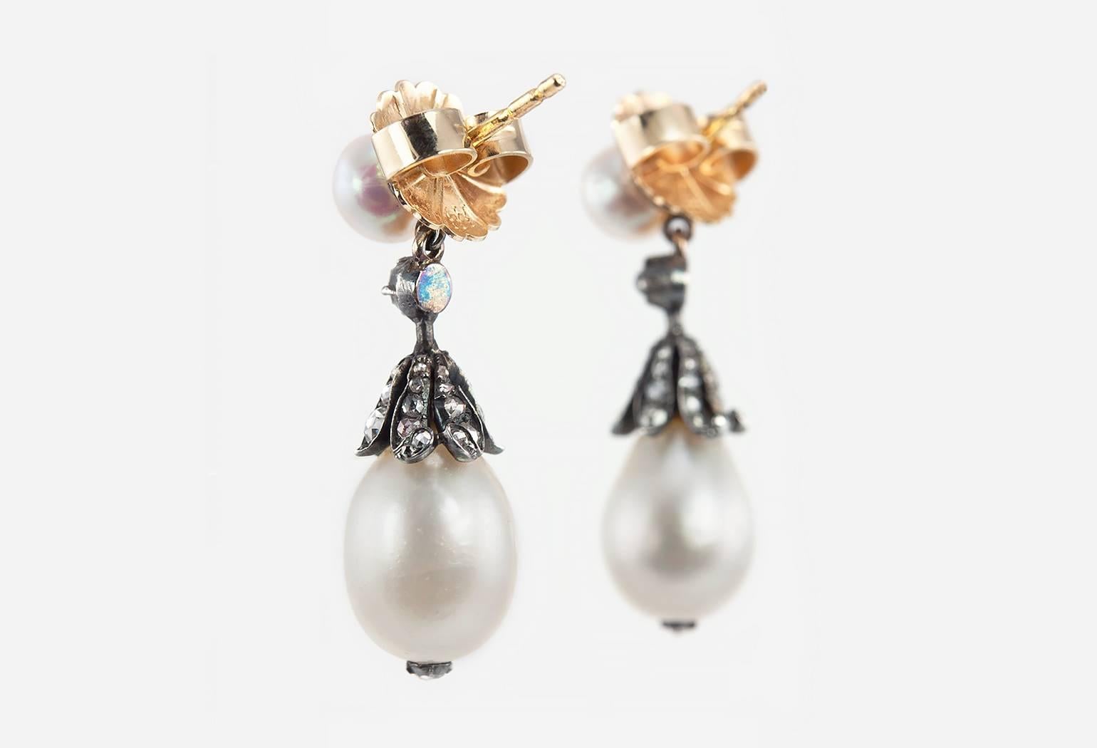 Victorian Natural Pearl and Diamond Dangle Earrings For Sale 3