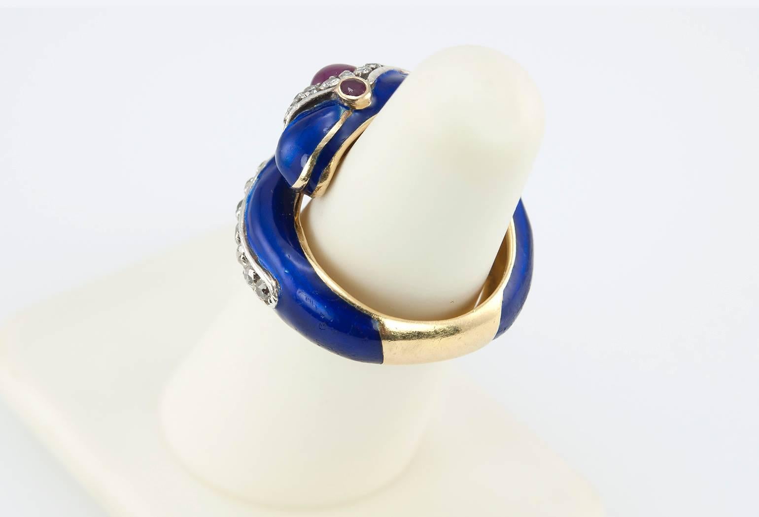 Enamel Snake Ring with Diamonds and Rubies  For Sale 5