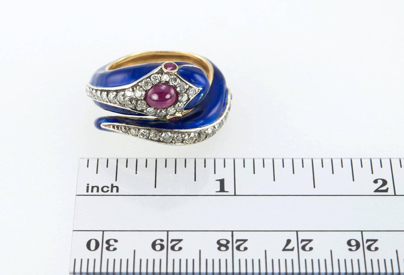 Enamel Snake Ring with Diamonds and Rubies  For Sale 6