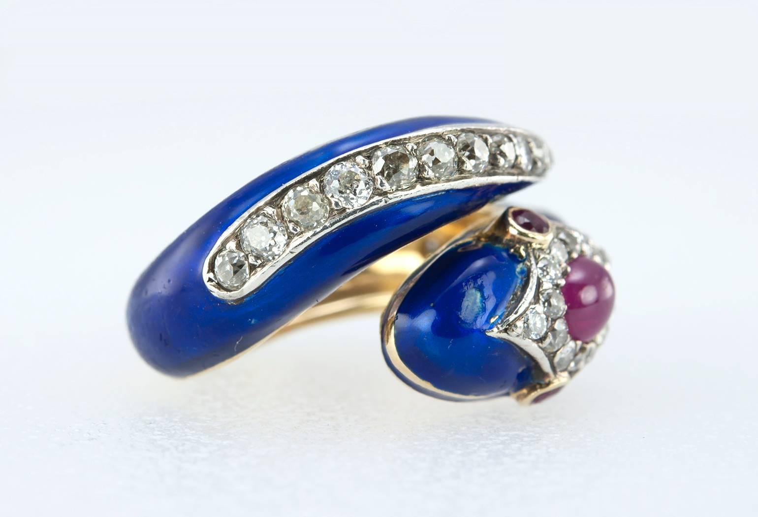 Enamel Snake Ring with Diamonds and Rubies  For Sale 2