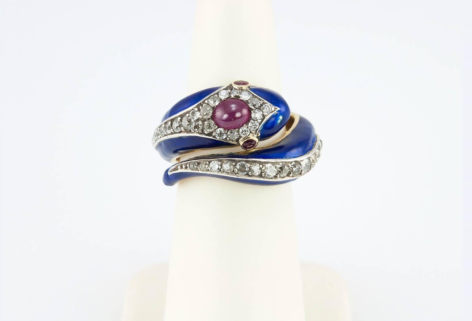 Enamel Snake Ring with Diamonds and Rubies  For Sale 4