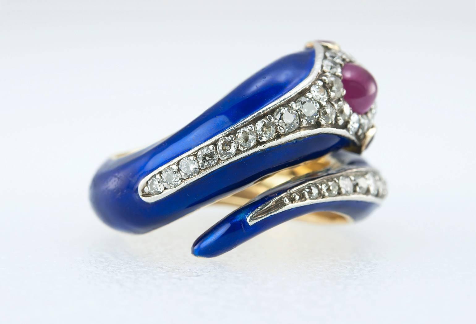 Women's Enamel Snake Ring with Diamonds and Rubies  For Sale