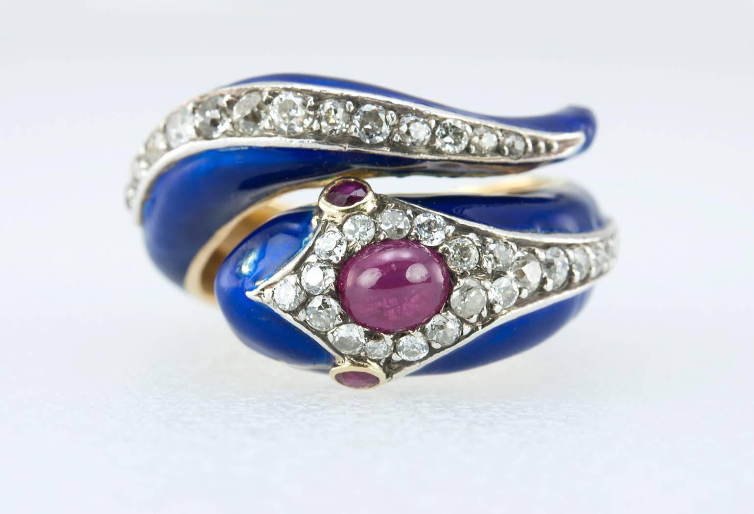 Enamel Snake Ring with Diamonds and Rubies  In Good Condition For Sale In Los Angeles, CA