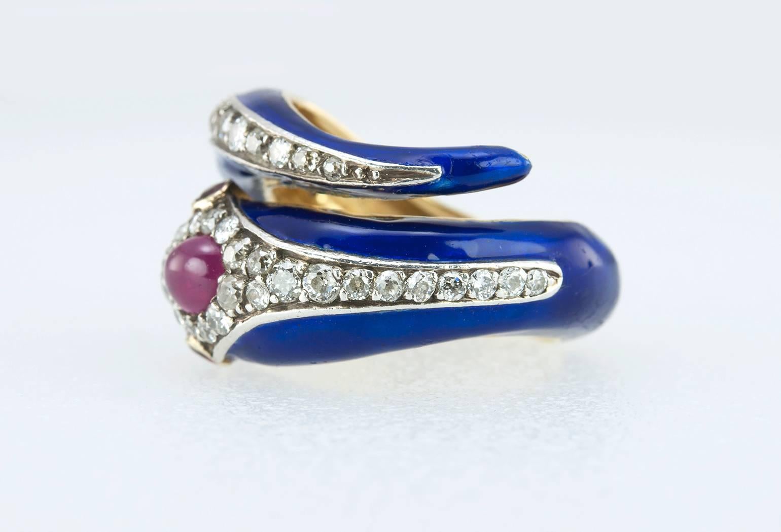 Enamel Snake Ring with Diamonds and Rubies  For Sale 1