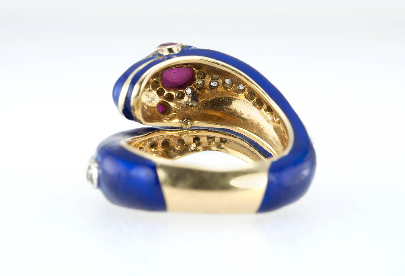 Enamel Snake Ring with Diamonds and Rubies  For Sale 3
