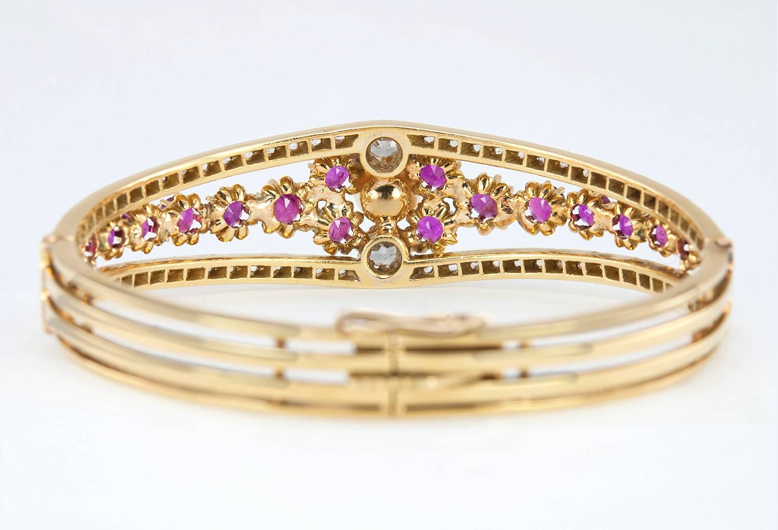 Victorian Ruby Pearl Diamond Gold Bangle Bracelet For Sale at 1stDibs