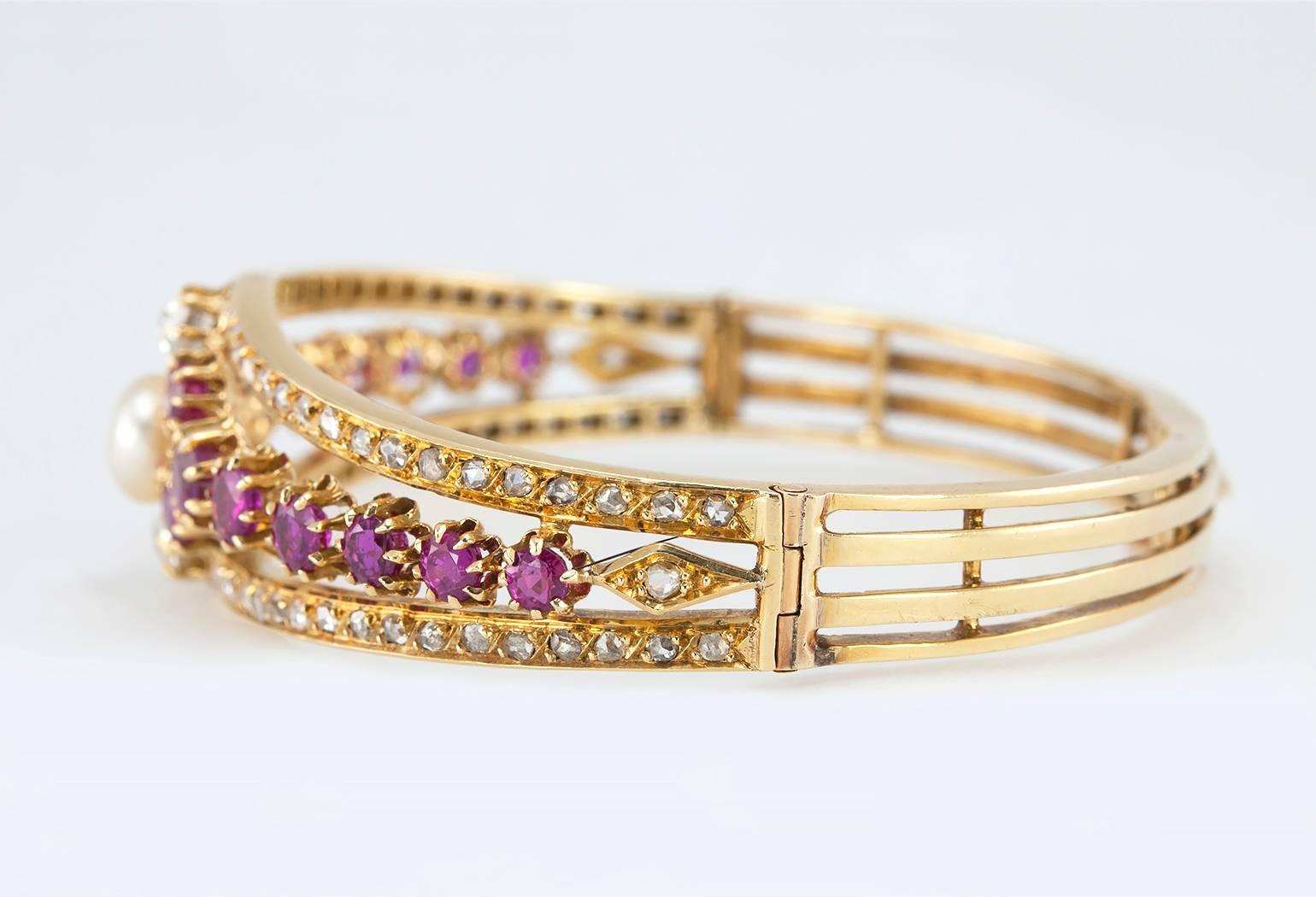 Victorian Ruby Pearl  Diamond Gold Bangle Bracelet For Sale 2