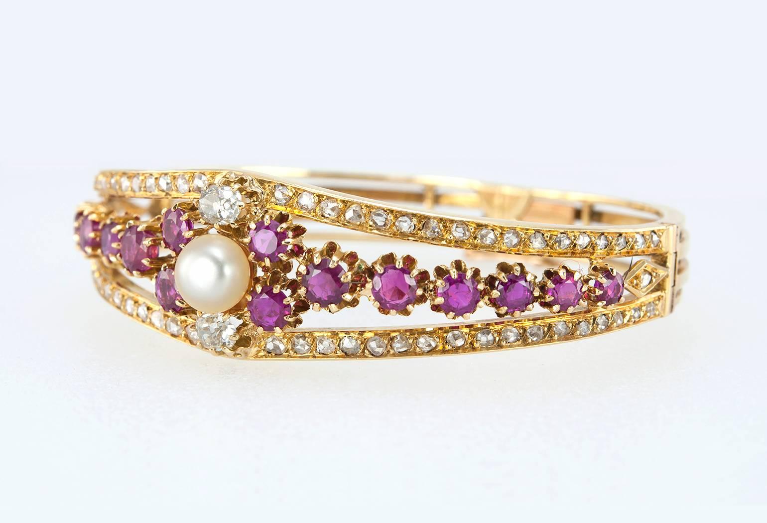 Women's Victorian Ruby Pearl  Diamond Gold Bangle Bracelet For Sale