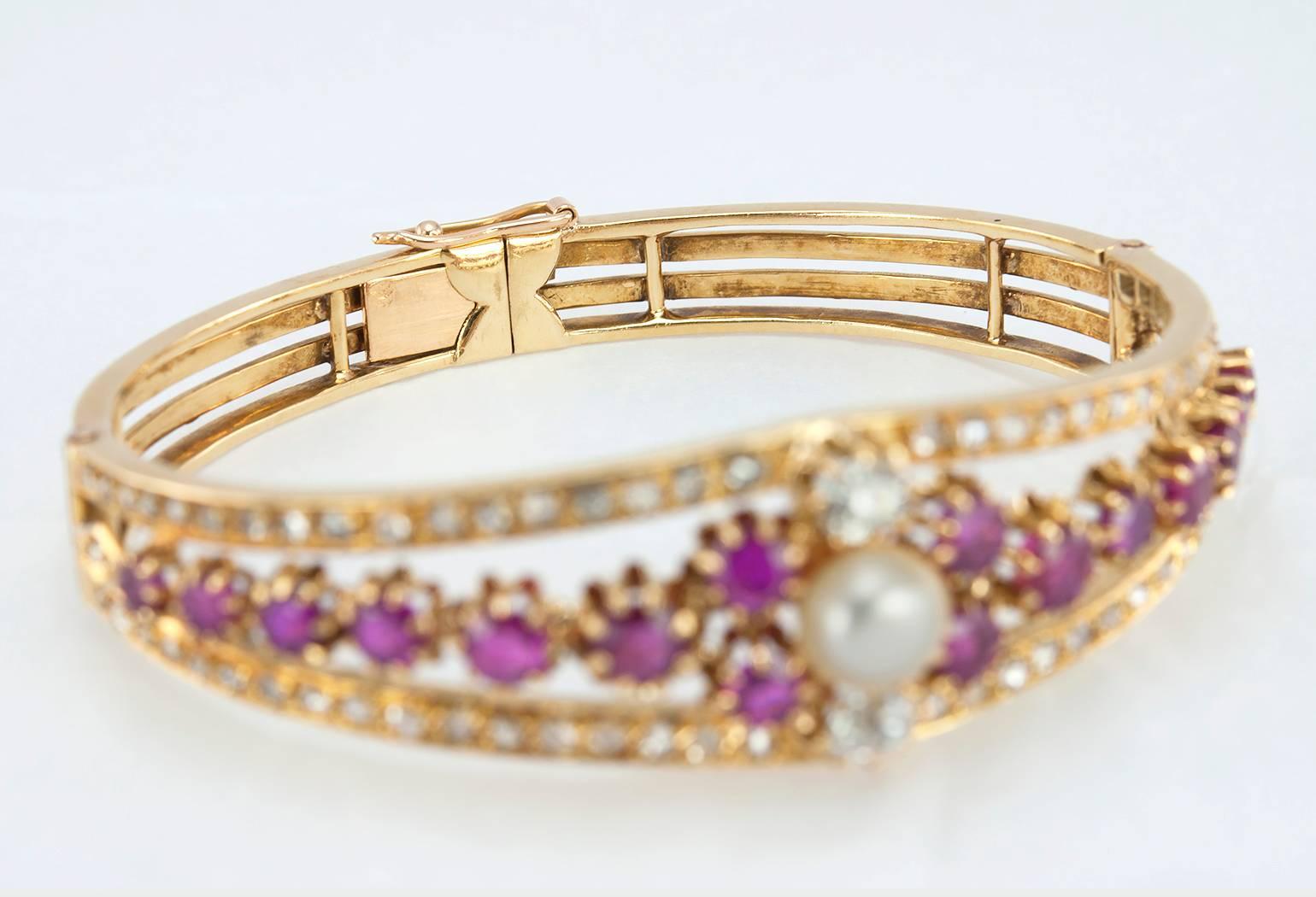 Victorian Ruby Pearl  Diamond Gold Bangle Bracelet For Sale 1