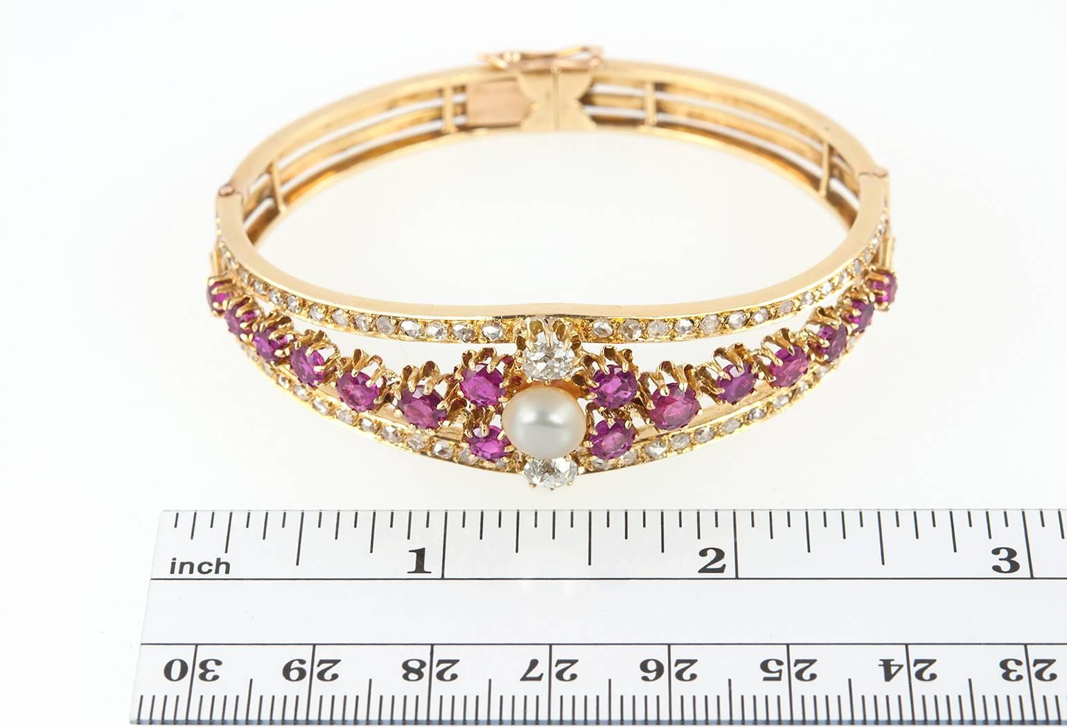 Victorian Ruby Pearl  Diamond Gold Bangle Bracelet For Sale 6