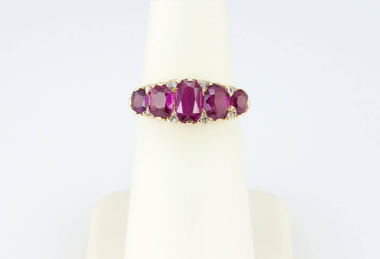 Victorian Ruby and Diamond Five-Stone Gold Ring For Sale 2