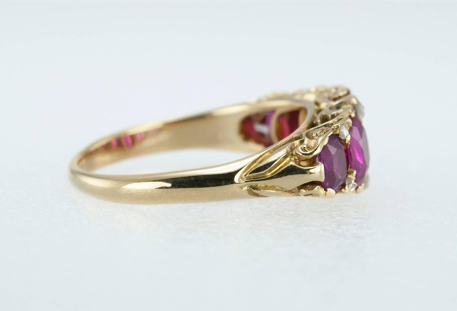 Victorian Ruby and Diamond Five-Stone Gold Ring In Excellent Condition For Sale In Los Angeles, CA