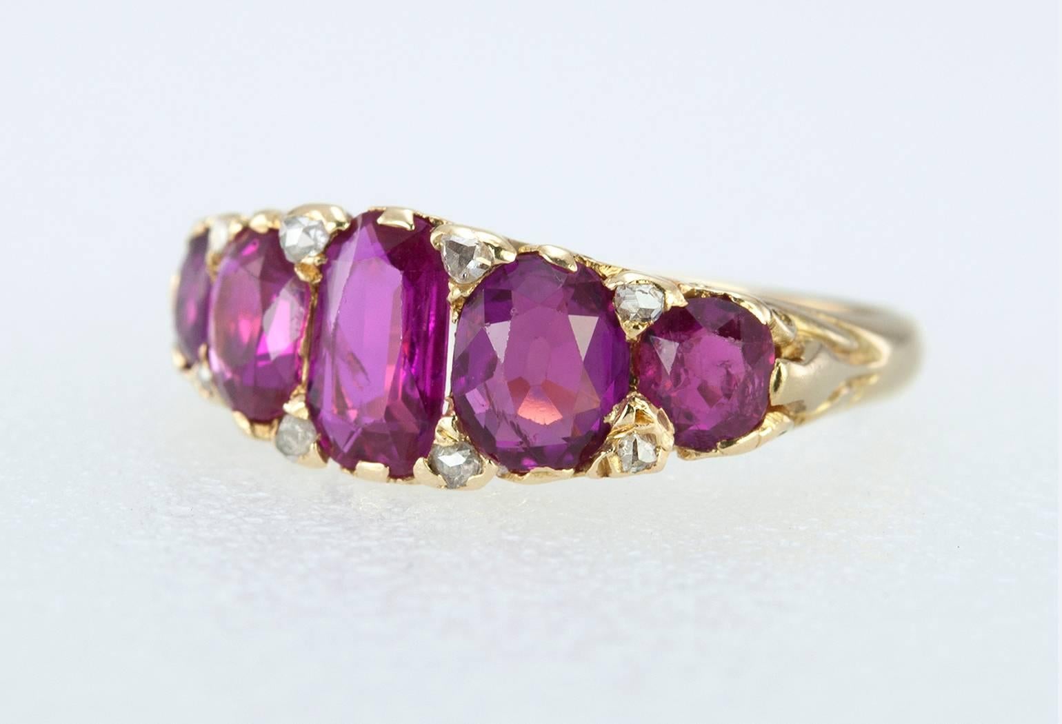 Rose Cut Victorian Ruby and Diamond Five-Stone Gold Ring For Sale