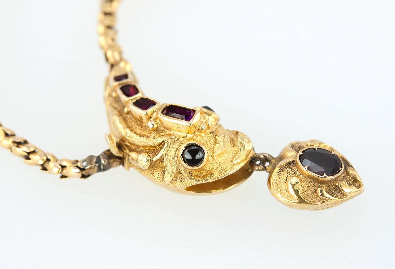 Victorian Garnet Gold Snake Necklace  In Excellent Condition For Sale In Los Angeles, CA