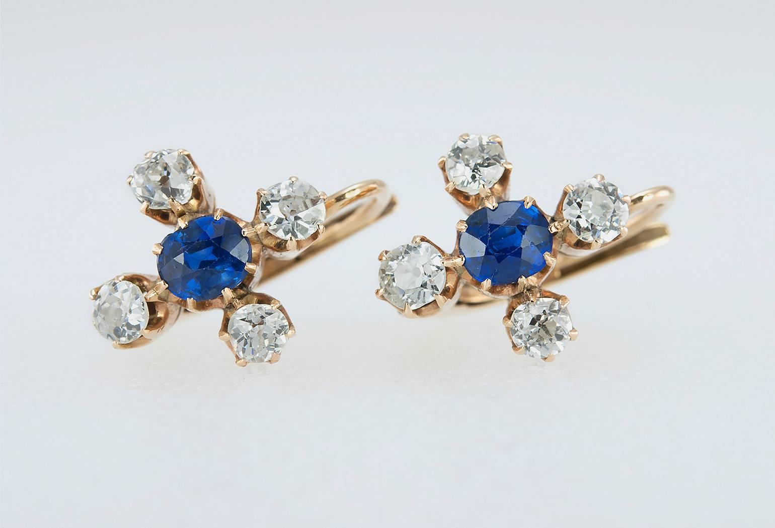 Antique Russian Sapphire and Diamond Gold Earrings 1