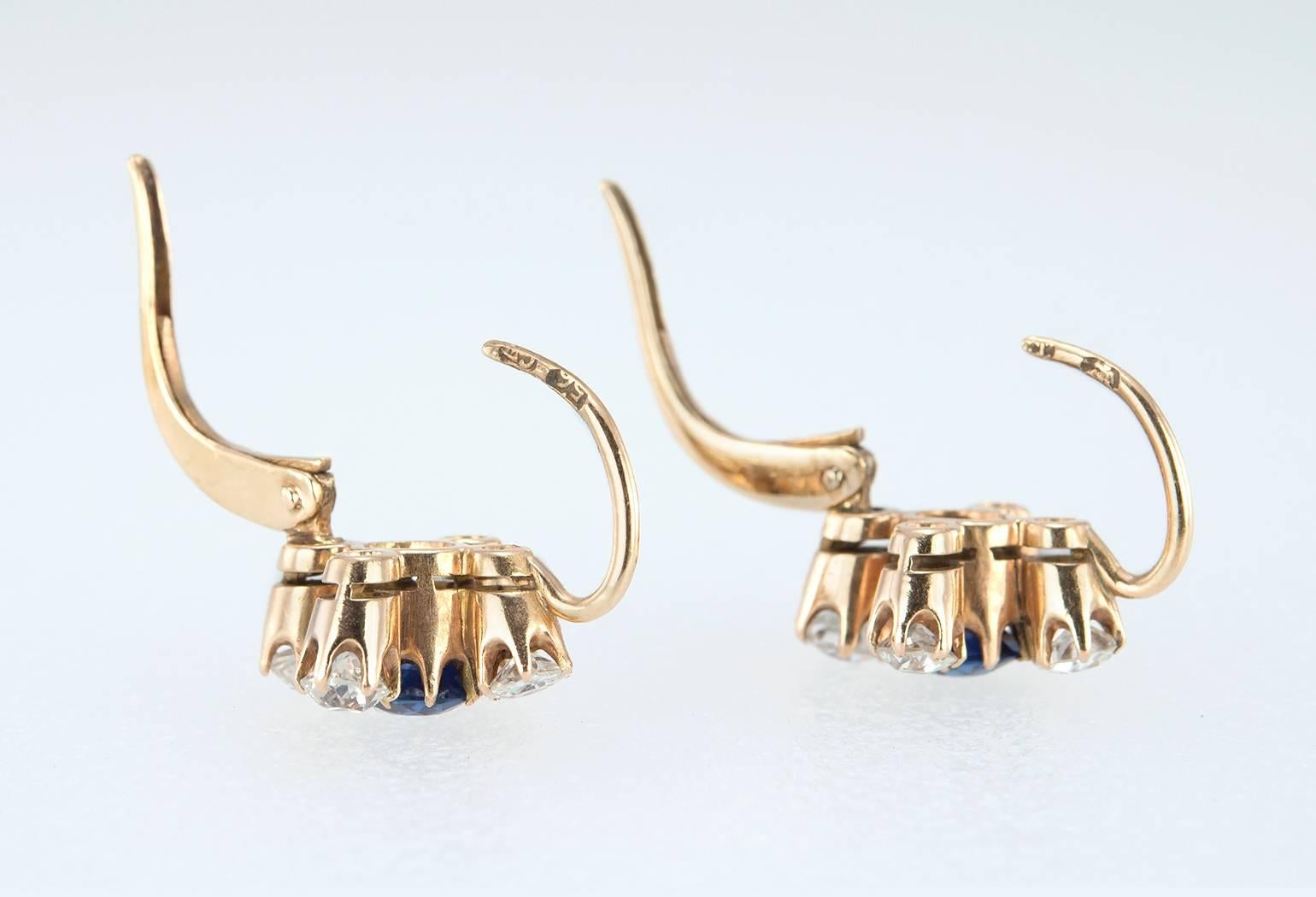 Women's Antique Russian Sapphire and Diamond Gold Earrings